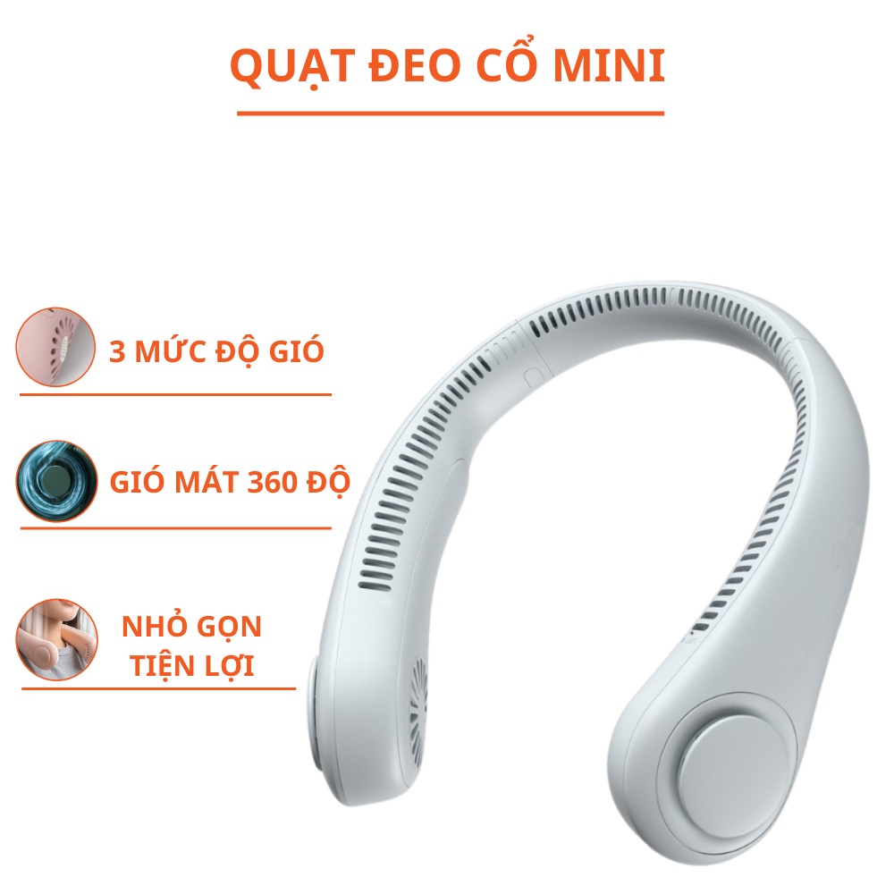Quạt đeo cổ mini không cánh, 3 cấp độ gió, sạc pin dung lượng 4000mAh, gió đa chiều, bảo hành 12 tháng