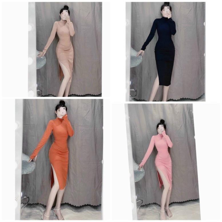 🌺 Đầm Body Tay Dài Cổ Lọ Xẻ Tà Xỏ Ngón Hàng L1 (ảnh thật trải sàn)🍂 New