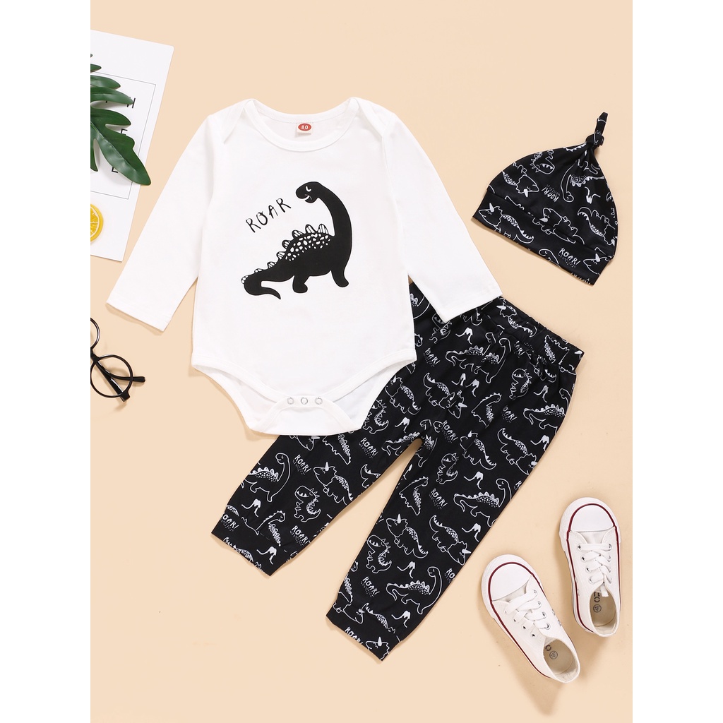 Set đồ 3 món Mikrdoo gồm áo liền quần dài tay in hình khủng long + quần dài kèm mũ cotton cho trẻ sơ sinh