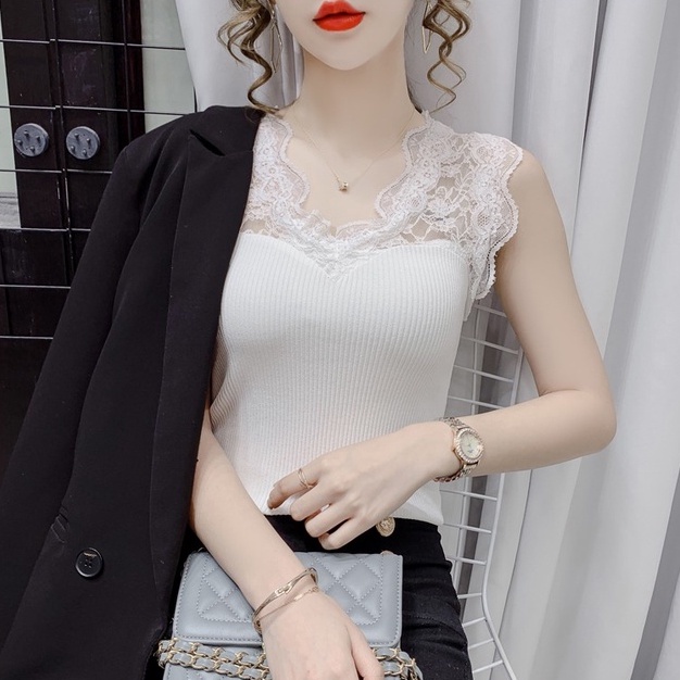 Áo Dệt Kim Sát Nách Cổ Chữ V Phối Ren Quyến Rũ Hợp Thời Trang