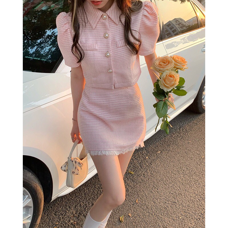 Set dạ tweed ngắn tay màu hồng ngọt ngào