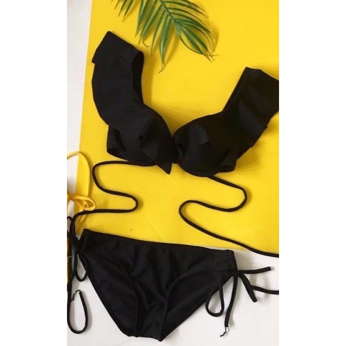Set Bộ Bikini 3 Món Nam Nữ Cánh Tiên, Đồ Bơi Cặp Đi Biển Đen Trơn Đơn Giản [Ảnh Chụp Thật] - OS032