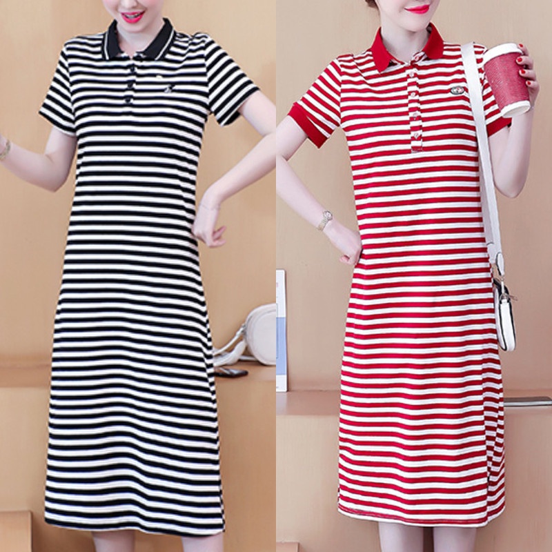 Đầm thun suông cổ Polo, ngắn tay, hàng chính hãng, dáng dài trùm gối
