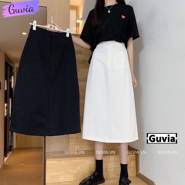 Chân Váy SUÔNG 2 TÚI DÁNG DÀI Nữ Chất Kate, Chân Váy Lưng Cao Form Chuẩn GUVIA CV16