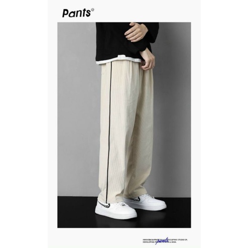 Quần dài kaki nam phối đường viền kiểu baggy mềm mịn co giãn phong cách hàn kèm video, mẫu quần lưng thun có giãn