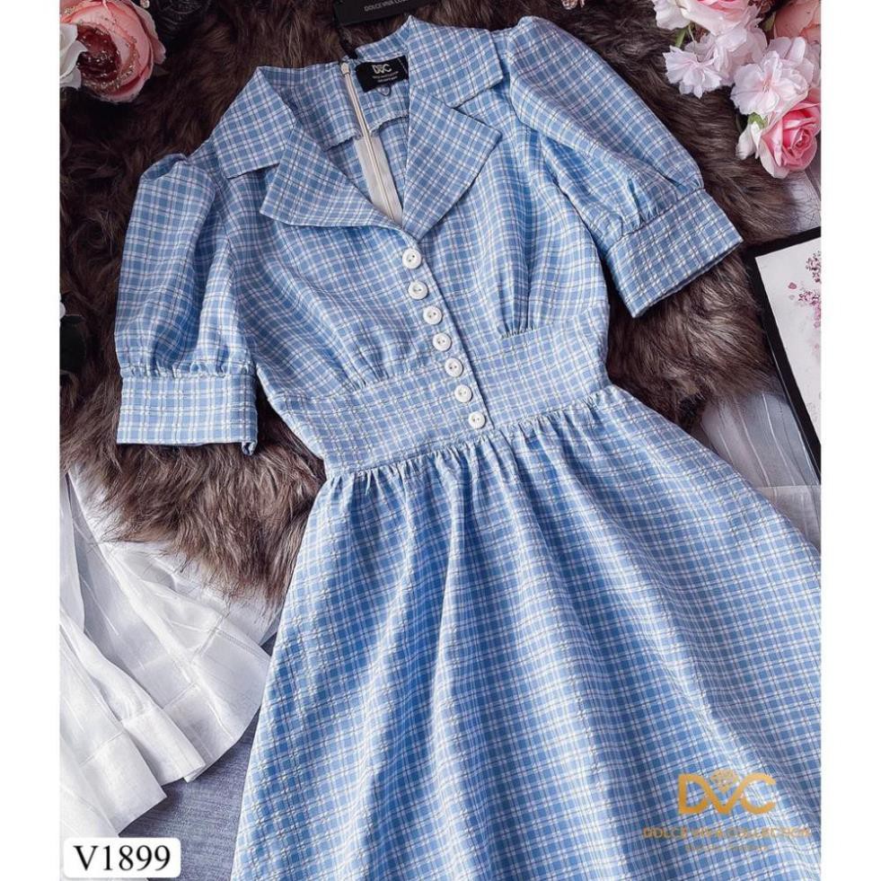 Váy xanh kẻ xòe V1899 - ĐẸP SHOP DVC ( Ảnh mẫu và ảnh trải sàn do shop tự chụp )