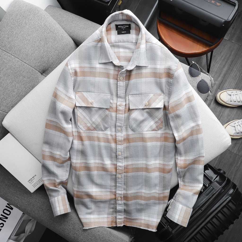 Áo Sơ Mi Nam Tay Dài Phối Sọc Caro, Vải Flannel Cotton, 02 Màu, Form Relaxed Fit SMBO0058 160STORE | BigBuy360 - bigbuy360.vn