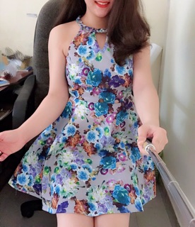 Đầm cổ yếm hoa 3D ẢNH CHỤP THẬT