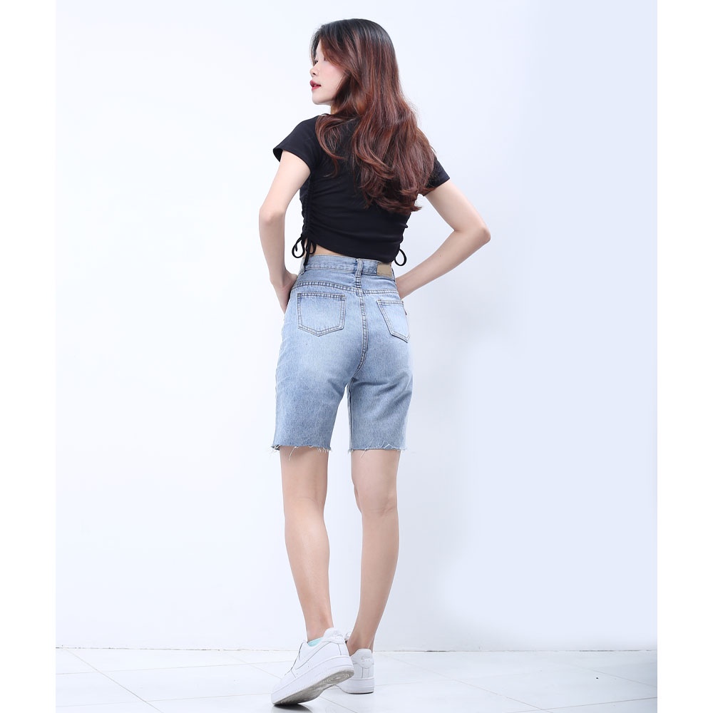 Quần đùi ngố jean nữ cạp siêu cao SAIGONJEAN rách tua lai có nắp QS023