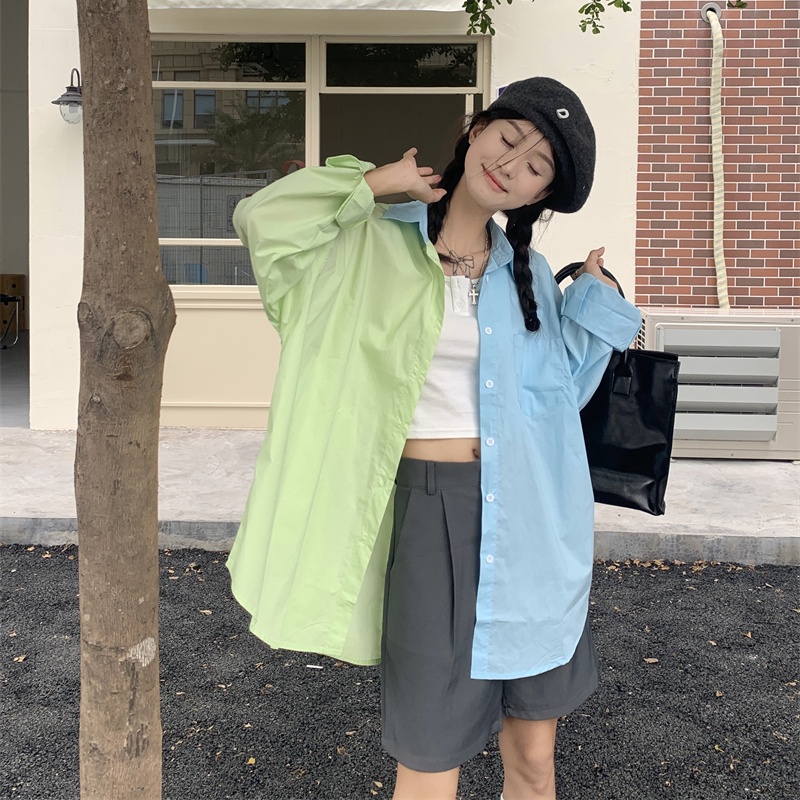 SUXI Áo Sơ Mi Tay Dài Dáng Rộng Màu Sắc Tương Phản Phong Cách Cổ Điển Thời Trang Mùa Thu Cho Nữ