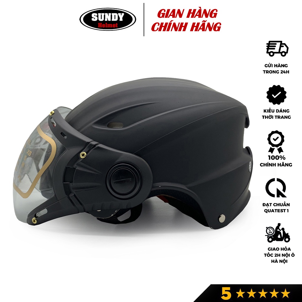 Nón bảo hiểm có kính SUNDY HP02K, vân mũ thể thao, sơn đen mờ cá tính, Freesize (vòng đầu 55-59cm) cho cả nam và nữ