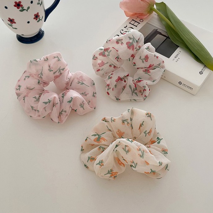 Scrunchies Cột Tóc Vải Lưới LIN Họa Tiết Hoa
