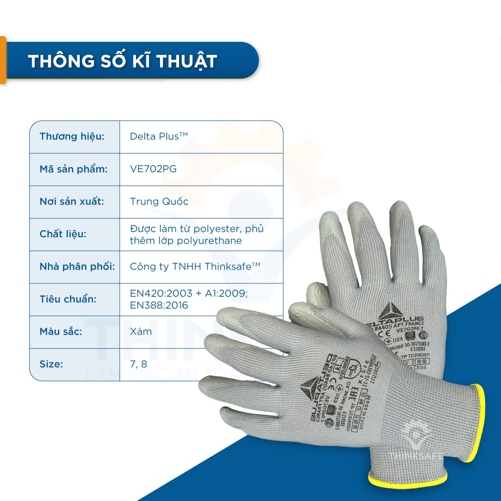 Găng tay lao động Deltaplus VE702PG phủ PU chống cắt chống dầu Bao tay lao động ôm tay thao tác chính xác -THINKSAFE