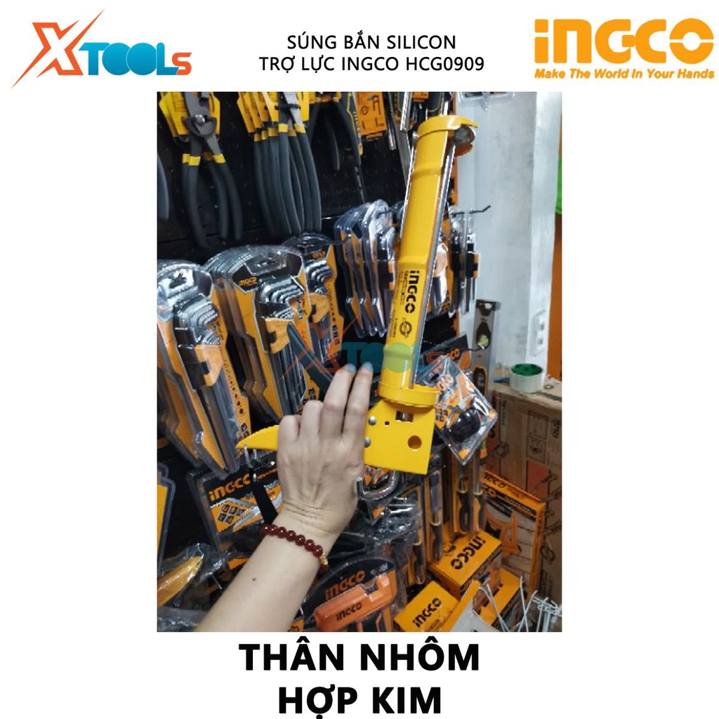 Súng bắn silicon có trợ lực INGCO HCG0909 | dụng cụ bơm silicon Kích thước 9"