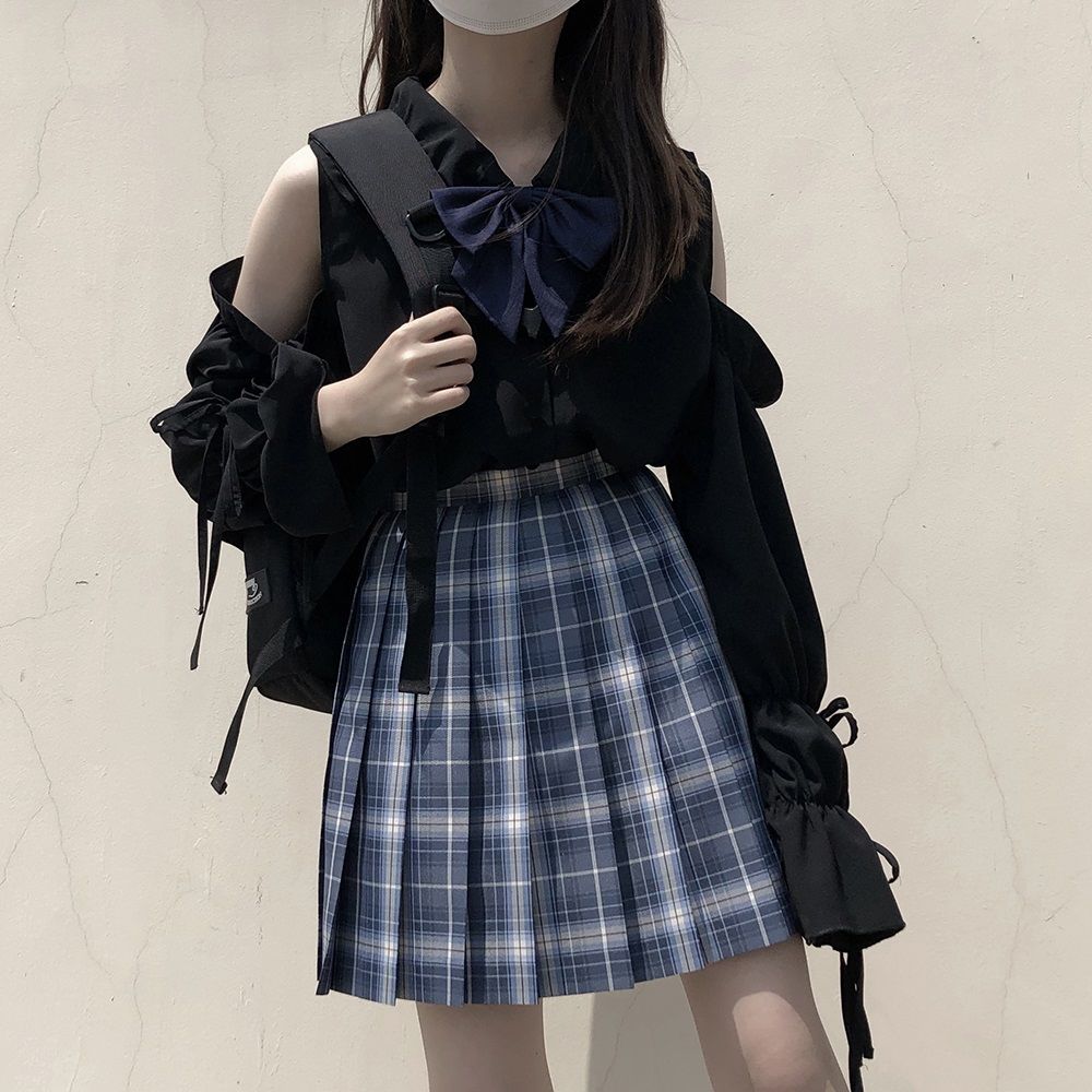 Áo kiểu thắt dây phong cách Lolita tay dài khoét vai cổ búp bê cho nữ