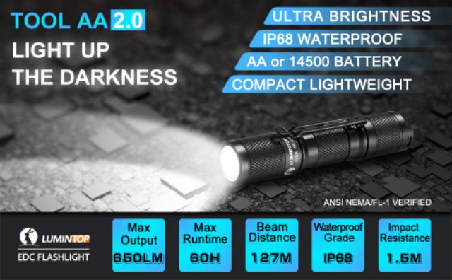 Đèn pin LUMINTOP TOOL AA 2.0 EDC , Đèn pin bỏ túi, 650 Lumens, 5 chế độ với bộ nhớ, chống nước IP68, Pin AA hoặc 14500