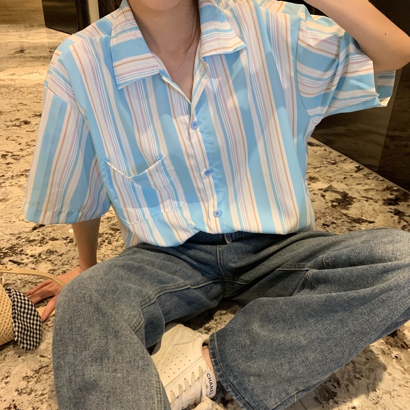 Áo sơ mi SUXI ngắn tay form rộng họa tiết sọc phong cách cổ điển dành cho nữ