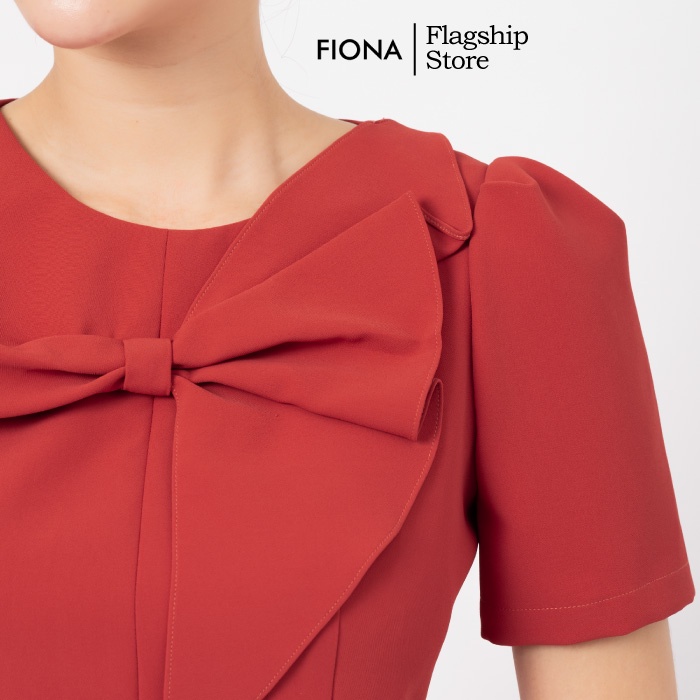 Áo sơ mi nữ tay bồng dáng ôm FIONA, áo chiết eo nơ ngực, sơ mi nữ cộc tay mã F551271