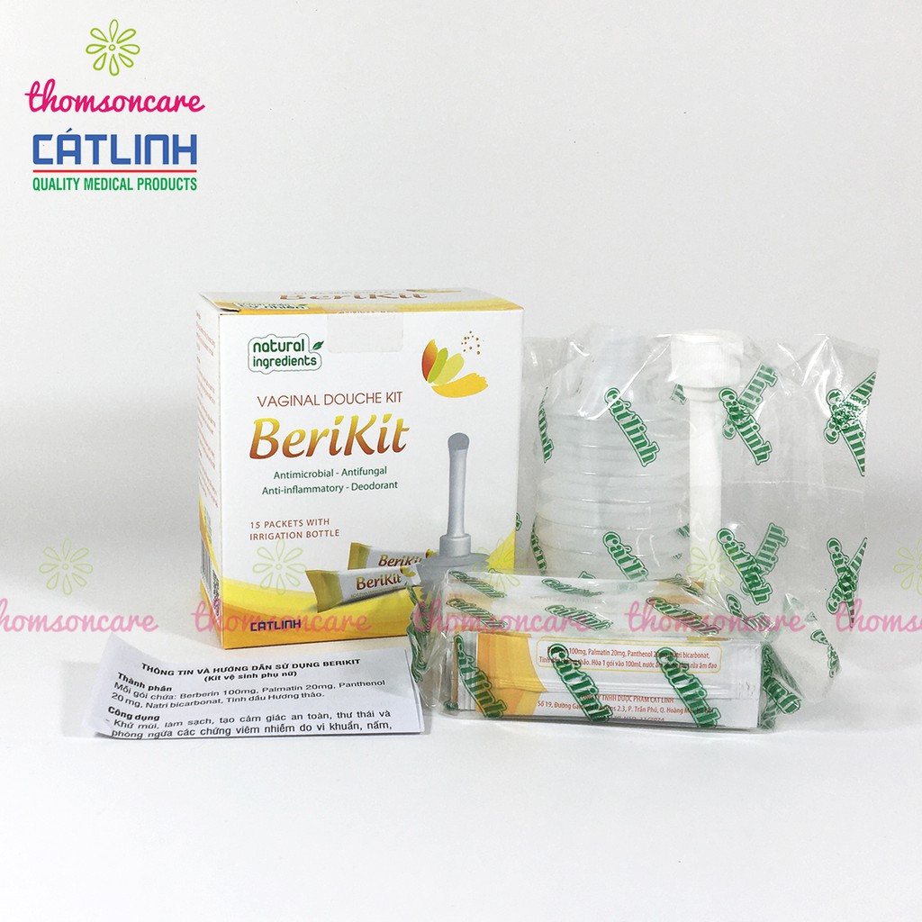 Bộ thụt rửa vệ sinh phụ nữ Berikit kèm 15 gói muối - dung dịch vệ sinh phụ khoa rửa sâu - của dược Cát Linh