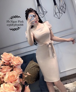Đầm body tay lưới eo nơ M/L/XL/2XL