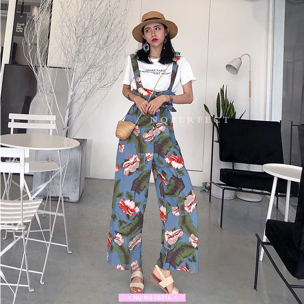 Set thời trang jumpsuit ngắn tay (T-Shirt + Jumpsuit dây eo cao) in hoa phong cách retro