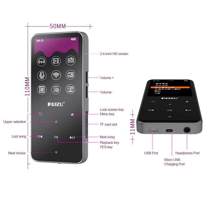 Ruizu D10 - Máy nghe nhạc Lossless, màn hình 2.4 icnh, Bluetooth 4.1 - Hàng Chính Hãng