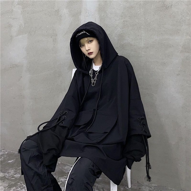 Áo hoodie tay nối đan dây full đen túi hộp unisex nam nữ hip hop Châu Âu