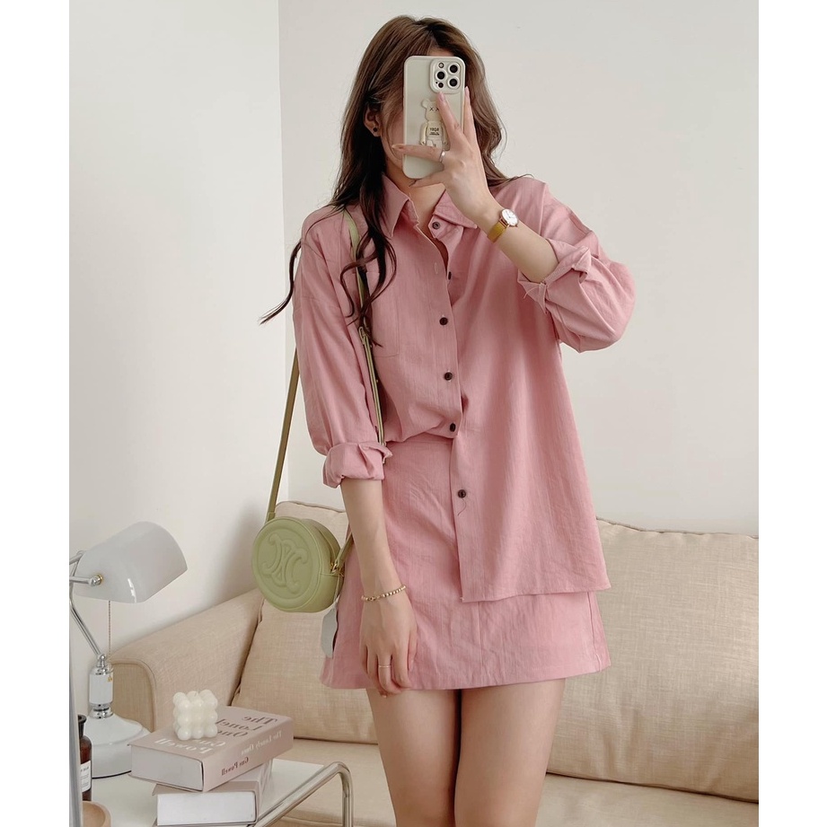 Set Sơ Mi Tay Dài Kèm Chân Váy Nhiều Màu Chất Đũi Thoáng Mát, Labibi