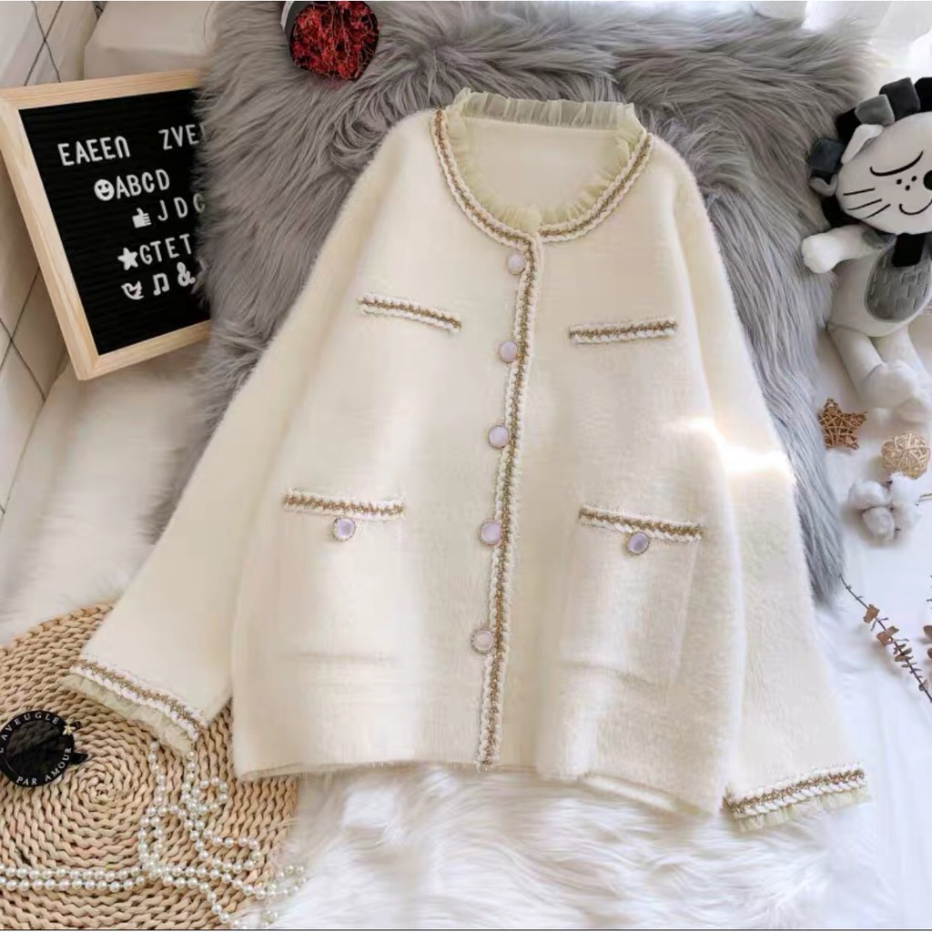 Áo khoác lông mịn phối bèo siêu sang - Áo cardigan dáng ngắn giữ ấm cho bầu thiêt kế Medyla - AL204 | BigBuy360 - bigbuy360.vn