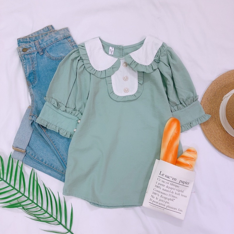 Áo Nữ Tay Ngắn Cổ Sen Phối Màu Chất Lụa Mát Dáng Suôn - Jancaroshop