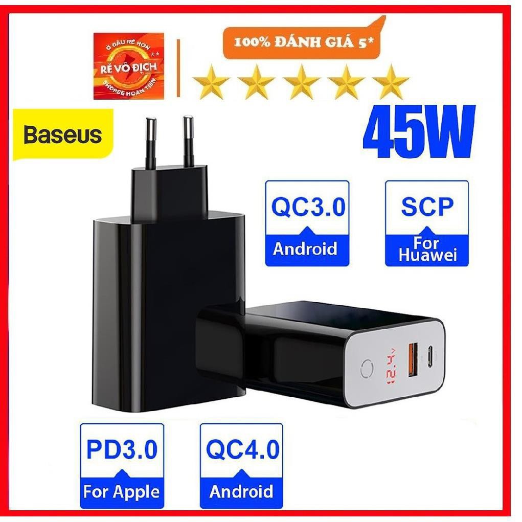 Củ sạc nhanh Baseus Speed PPS 45W hỗ trợ Q.C 4.0/3.0, SCP, PD USB + Type C chế độ hẹn giờ sạc cho iPhone,Samsung,Huawei.