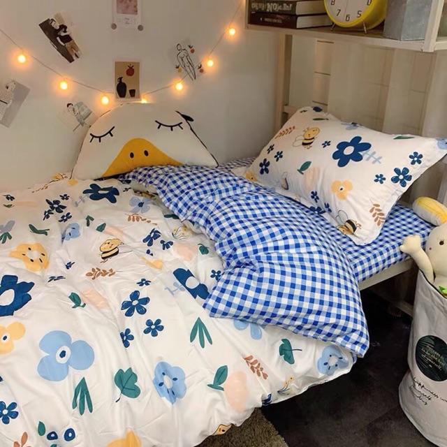 Set Chăn Ga Cotton Poly Hoa Lá Cỏ Ong Ga Kẻ Caro Trắng Xanh Thấm Hút Mồ Hôi Tốt Shinbedding.shop