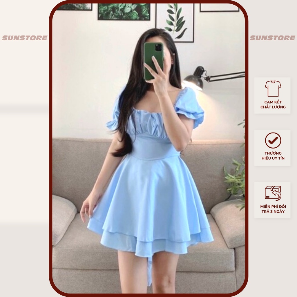 Jumsuit xanh xếp ly ngực thắt dây eo bèo tầng
