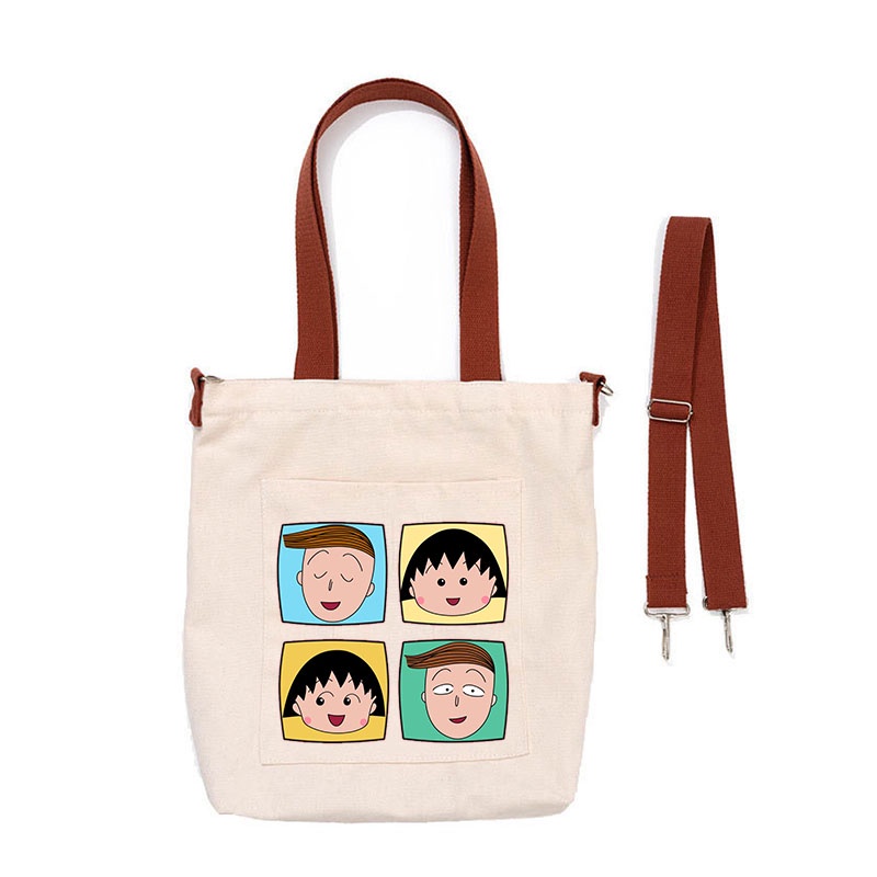 Chibi Túi Đeo Chéo Vải canvas Có Khóa Kéo Họa Tiết Hoạt Hình maruko Dễ Thương