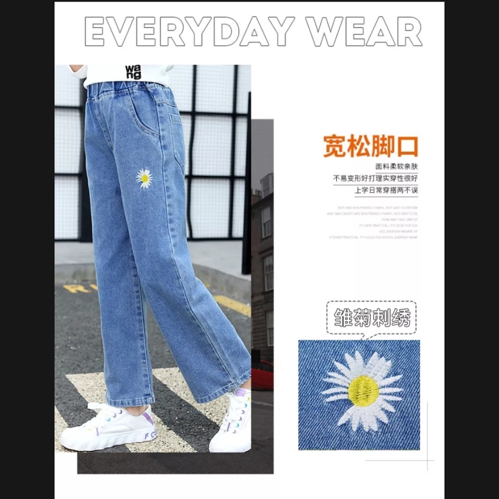 Quần jeans ống xuông thêu hoa cúc thời trang sành điệu cho bé gái