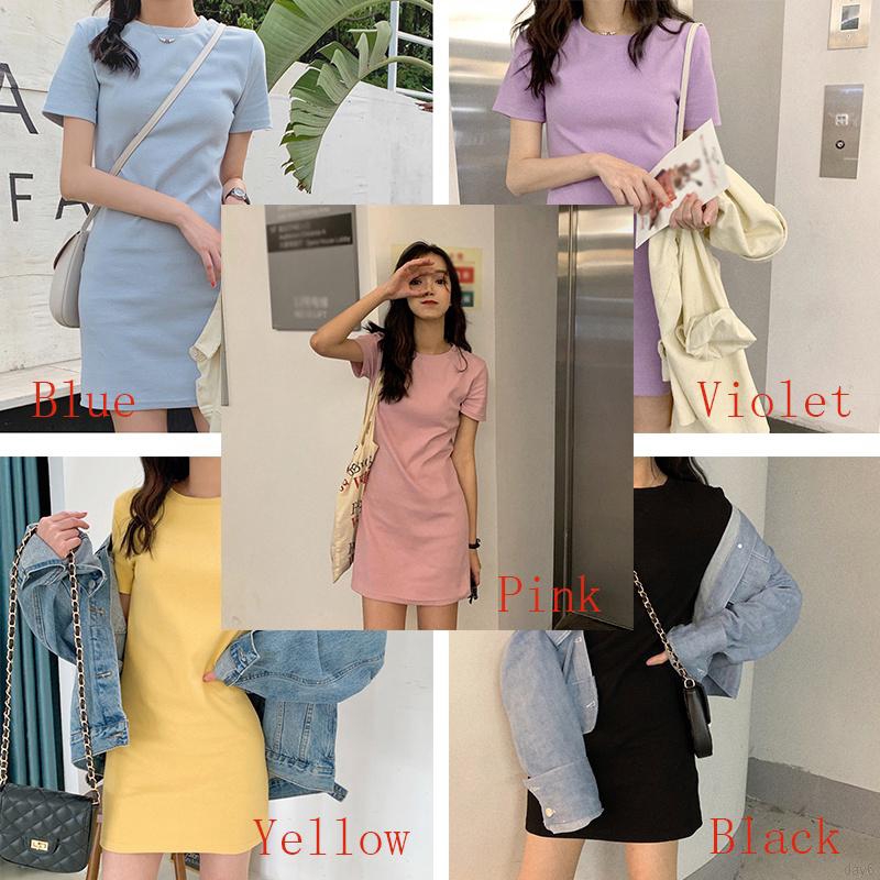 Đầm Chữ A Tay Ngắn Cổ Tròn Màu Trơn Phong Cách Hàn Quốc Thời Trang Cho Nữ