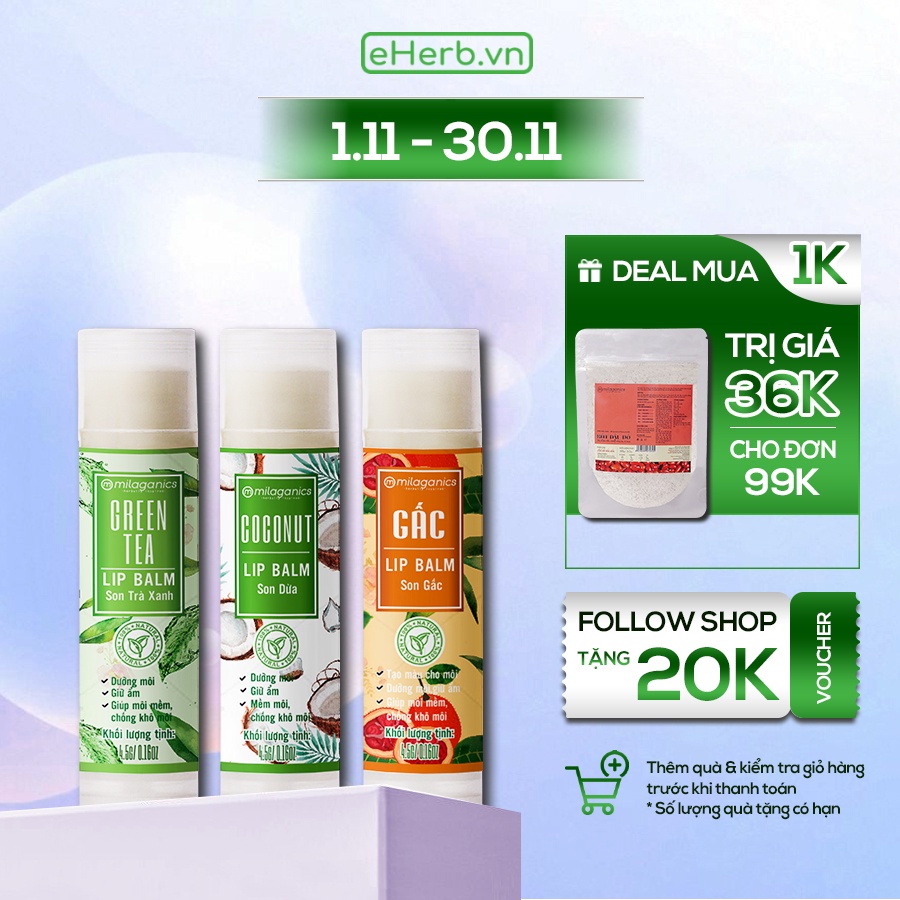 Combo 3 Son Dưỡng Ẩm, Giảm Thâm Môi: Son Dừa, Son Trà Xanh, Son Gấc MILAGANICS (4.5g/ Cây)
