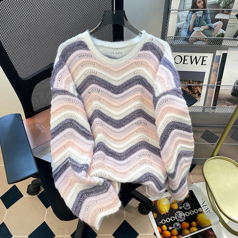 Áo Sweater Dệt Kim Tay Dài Kẻ Sọc Nhiều Màu Thời Trang Thu Đông Cho Nữ