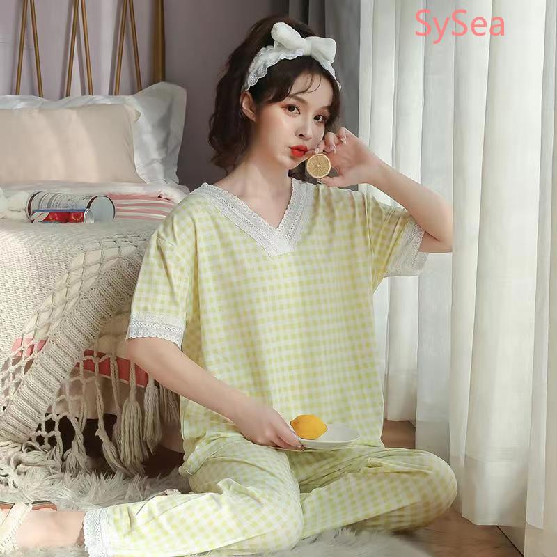 Bộ Đồ Ngủ Tay Ngắn Cổ Chữ V Phối Ren Dành Cho Nữ