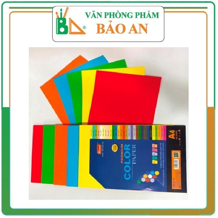 Bìa trộn 5 màu A4 ĐL160gsm -Màu sắc / Xanh dương, xanh lá, đỏ, cam, vàng Đóng gói: 100 tờ/tập, mỗi màu 20 tờ