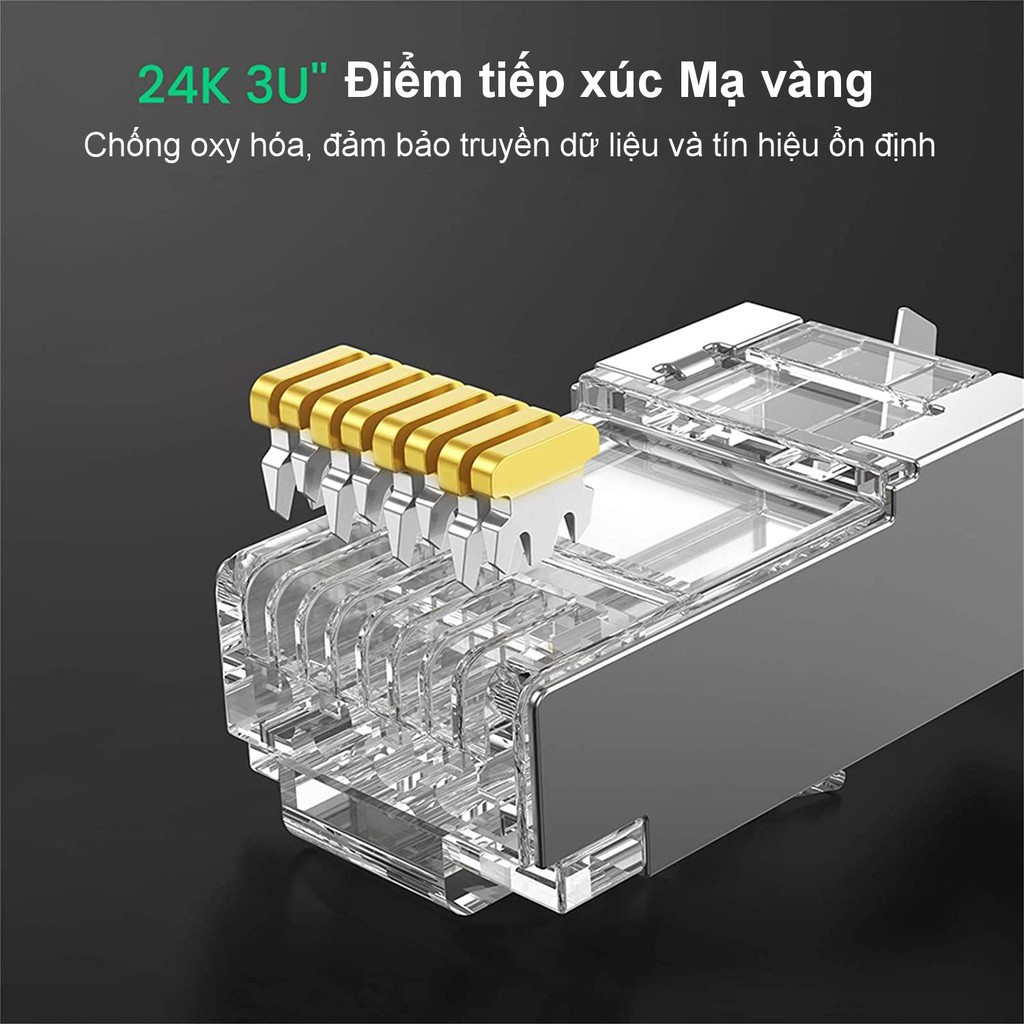 Hạt đầu bấm mạng bọc inox Cat7 thiết kế đuôi kẹp cố định vào cáp cao cấp UGREEN 70316