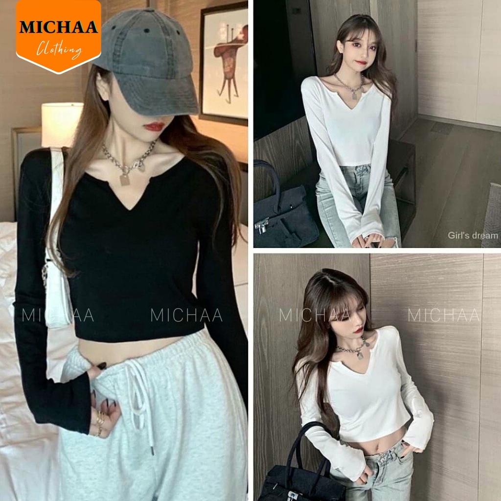 Áo Croptop Cổ KHOÉT CHỮ V Tay Dài Nữ Thun Borip Phong Cách Gợi Cảm - MICHAA