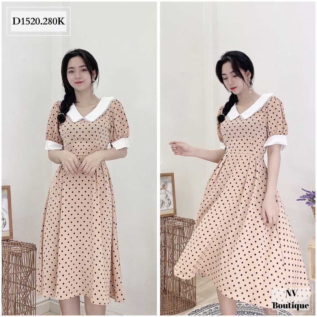 ĐẦM CHẤM BI VIỀN CỔ REN TRẮNG - NHATVY D1520