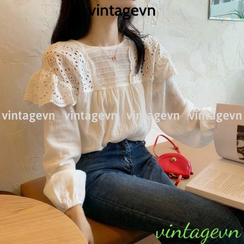Áo babydoll tiểu thư A259 bèo ren vai quảng châu Thời trang Xmin HIHISHOPHAHA