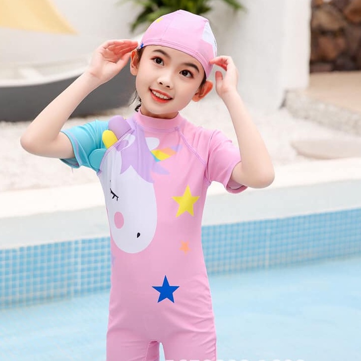 Bikini đồ bơi liền thân cho bé gái cực xinh kèm mũ bơi hàng quảng châu