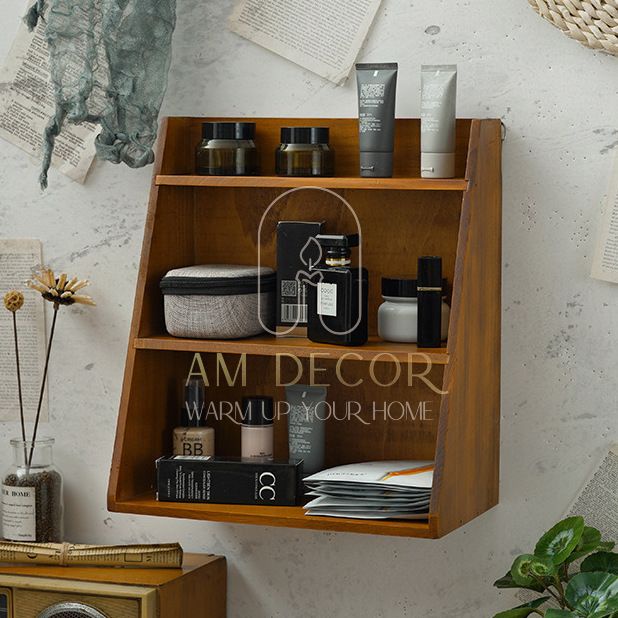 Tủ gỗ thông để bàn 2 hoặc 3 tầng có thể treo tường decor trang trí bàn học làm việc sang trọng - AM Decor