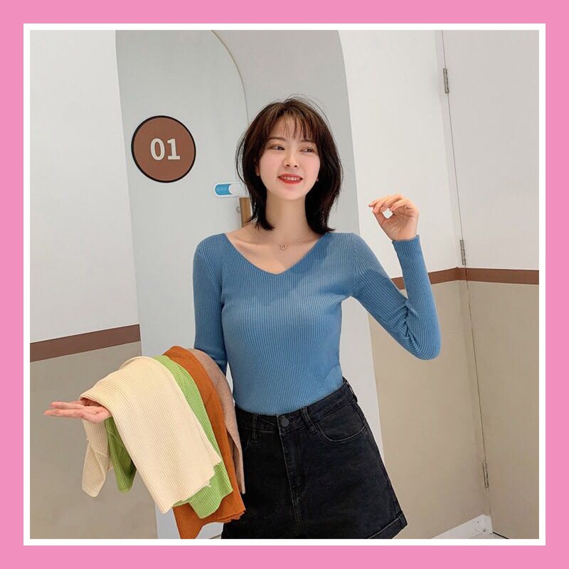 Áo len tăm cổ tim V nữ mềm mịn co giãn nhiều màu dễ phối đồ hàng Quảng Châu loại 1 AL02