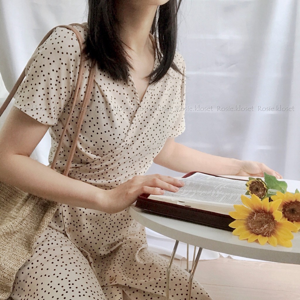 Váy kem chấm bi đắp tà chéo (Ảnh thật)