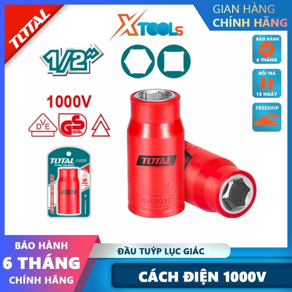 Đầu tuýp lục giác cách điện 1000V 1/2 inch đủ kích cỡ TOTAL đầu khẩu thép Cr-V siêu cứng chống rỉ sét -CHÍNH HÃNG-XTOOLS