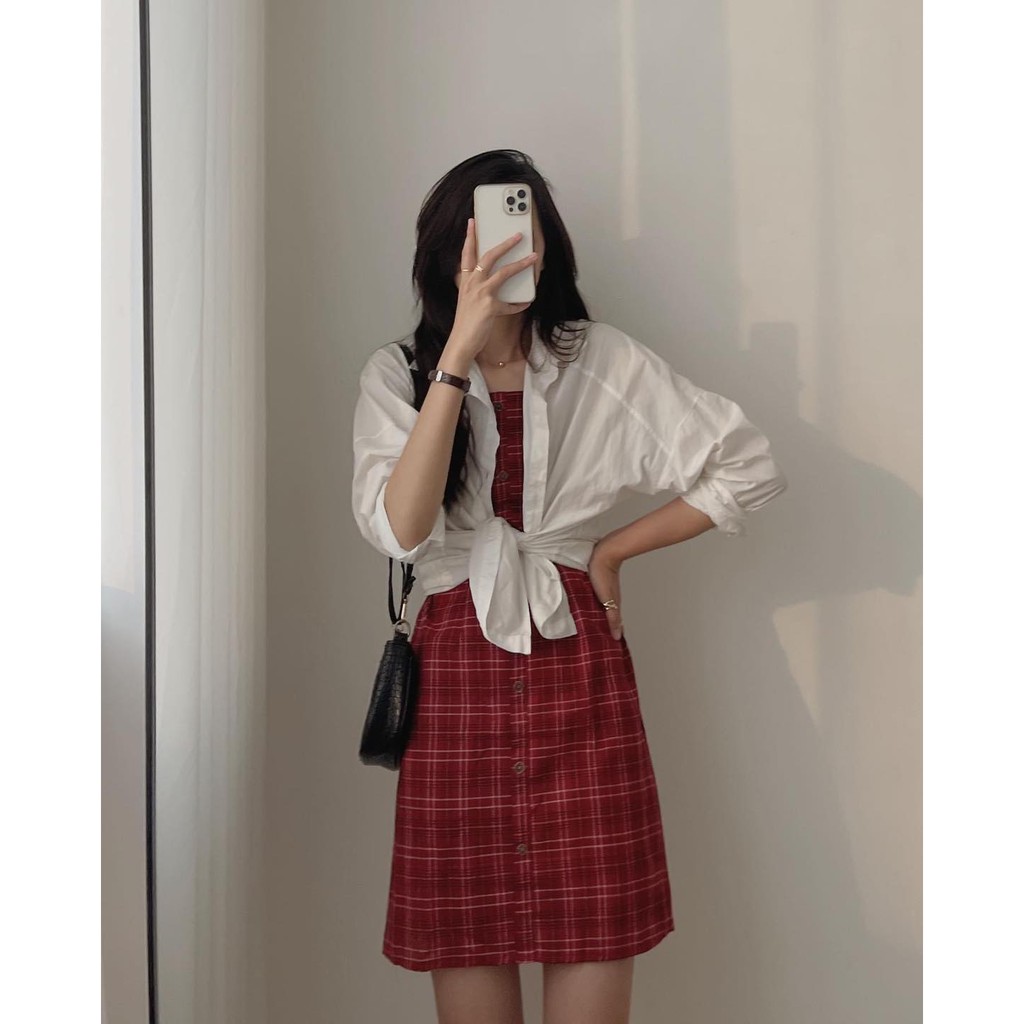VÁY 2 DÂY THÔ THẮT NƠ LƯNG KẺ ĐỎ TRẮNG